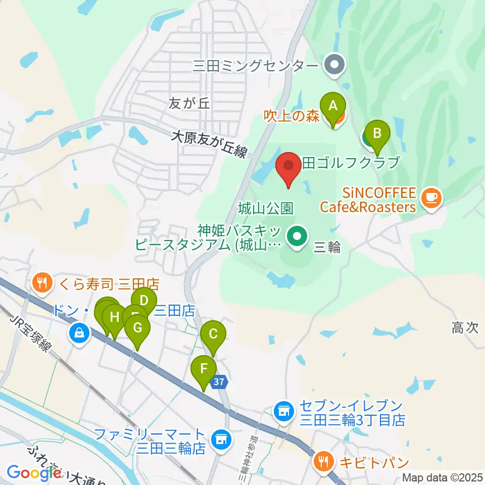 神姫バス城山体育館周辺のファミレス・ファーストフード一覧地図