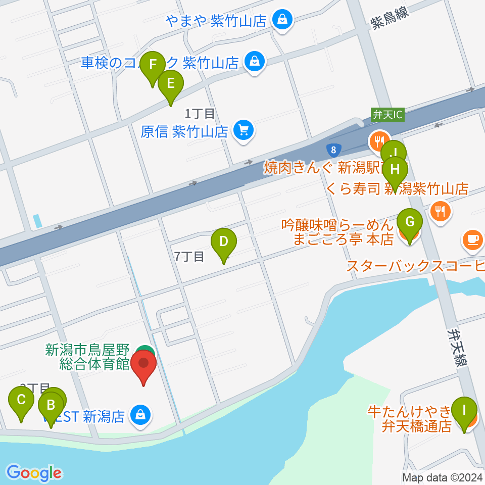 新潟市鳥屋野総合体育館周辺のファミレス・ファーストフード一覧地図