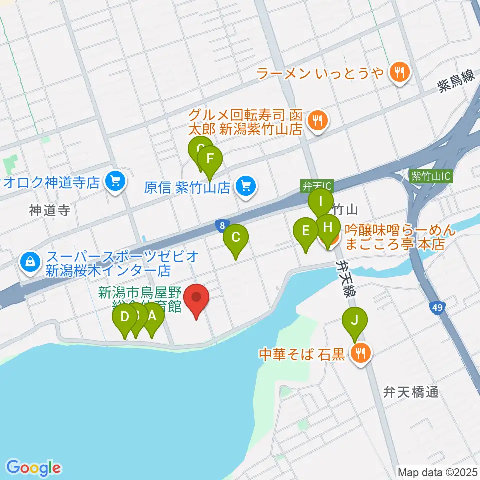 新潟市鳥屋野総合体育館周辺のファミレス・ファーストフード一覧地図