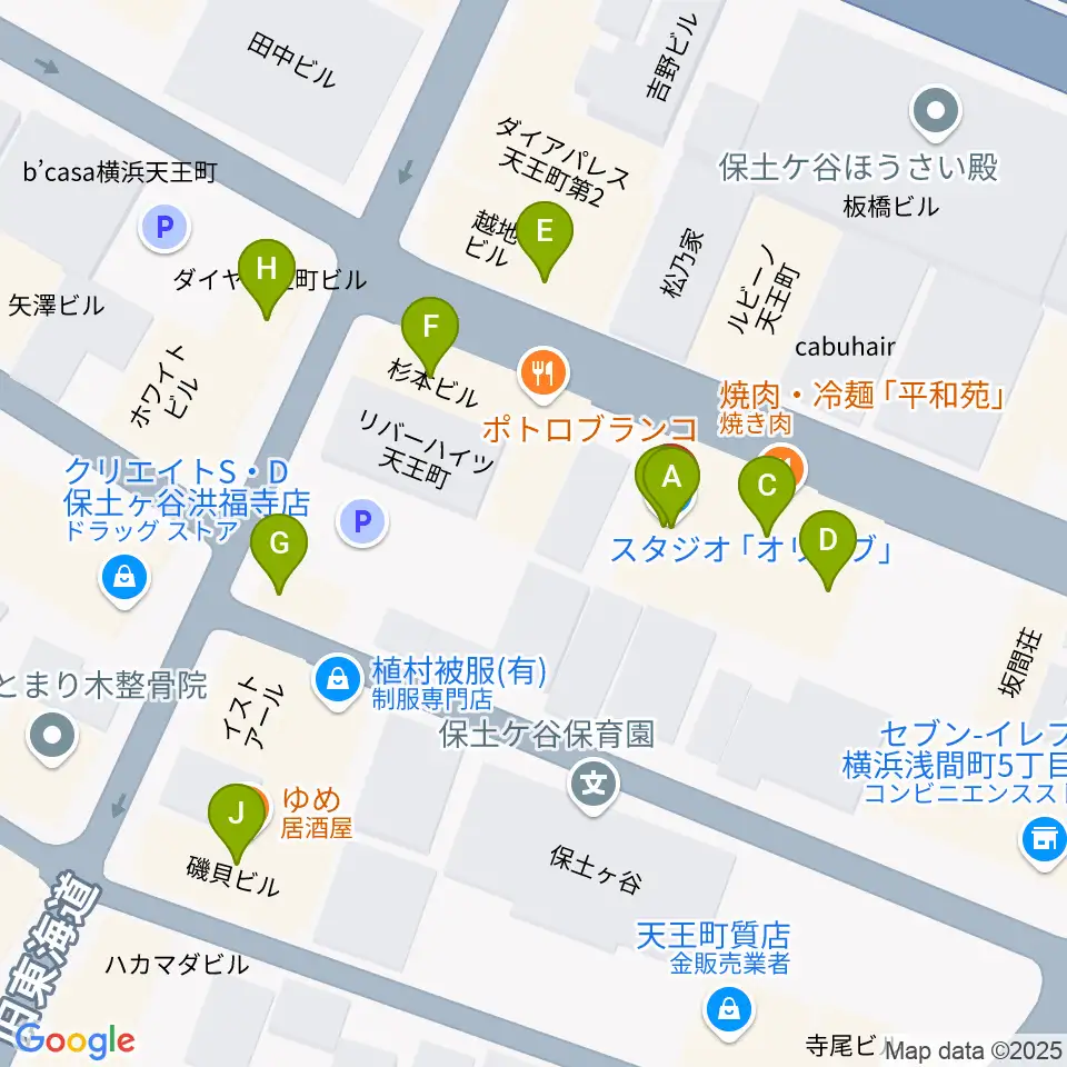 天王町スタジオオリーブ周辺のファミレス・ファーストフード一覧地図
