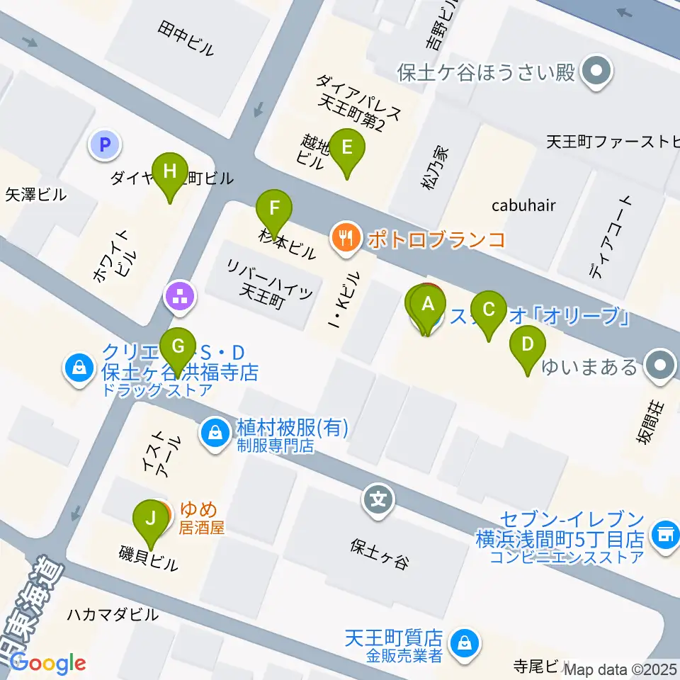 天王町スタジオオリーブ周辺のファミレス・ファーストフード一覧地図