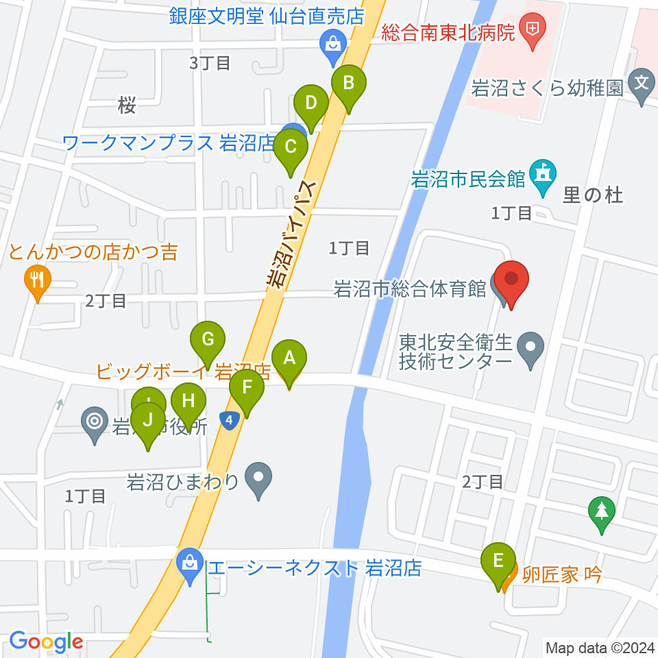 岩沼市総合体育館ビッグアリーナ周辺のファミレス・ファーストフード一覧地図