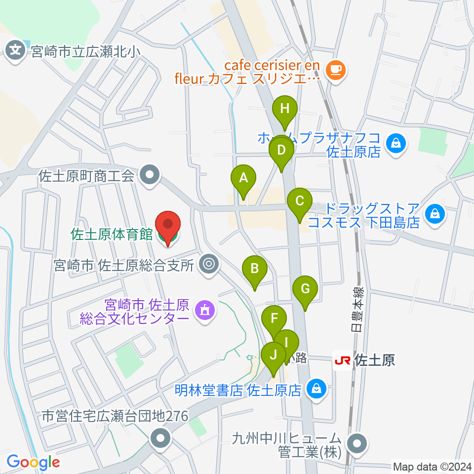 宮崎市佐土原体育館周辺のファミレス・ファーストフード一覧地図