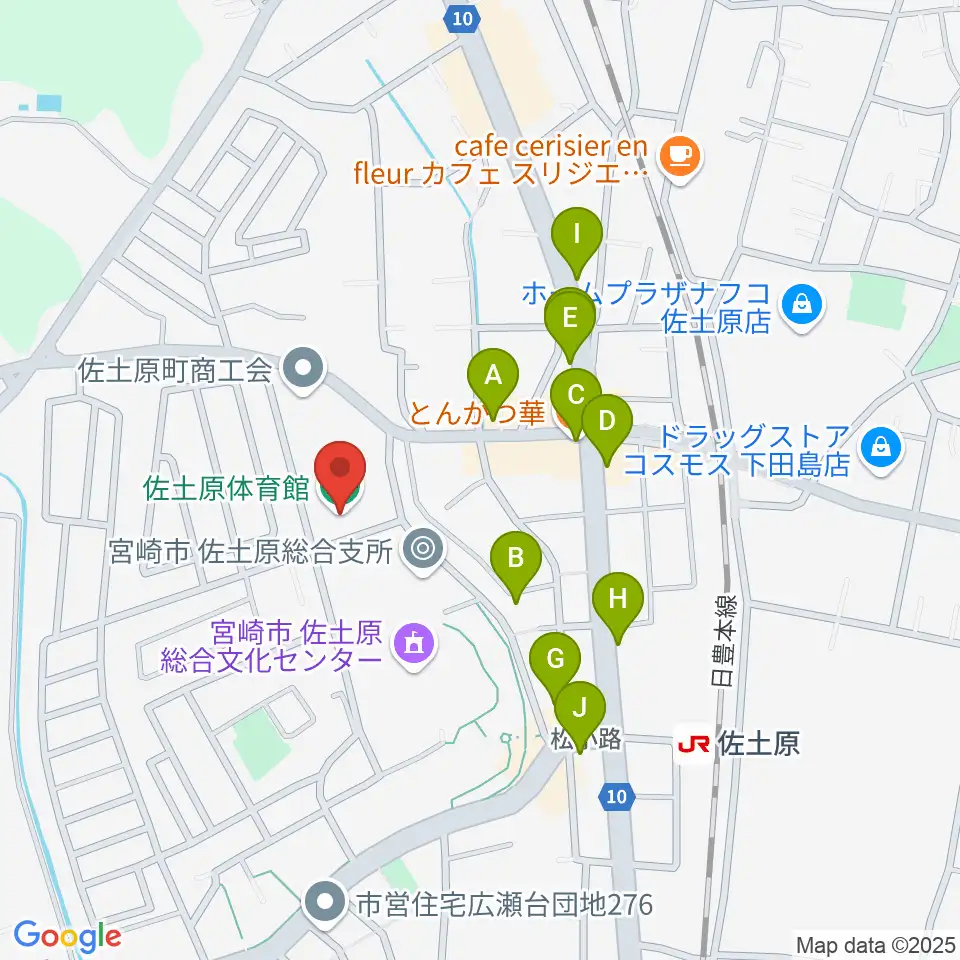 宮崎市佐土原体育館周辺のファミレス・ファーストフード一覧地図