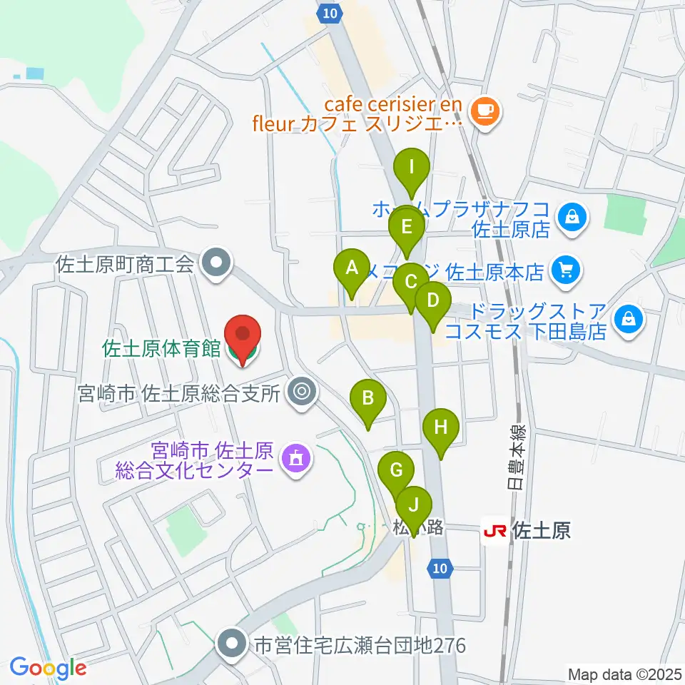 宮崎市佐土原体育館周辺のファミレス・ファーストフード一覧地図