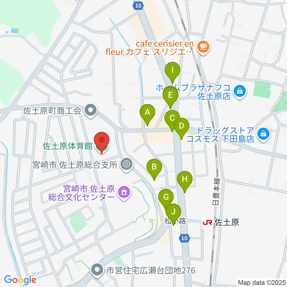 宮崎市佐土原体育館周辺のファミレス・ファーストフード一覧地図