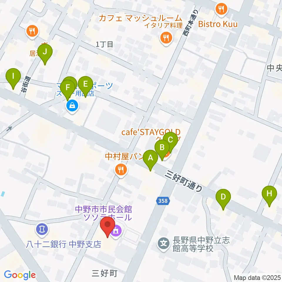 中野市市民会館 ソソラホール周辺のファミレス・ファーストフード一覧地図