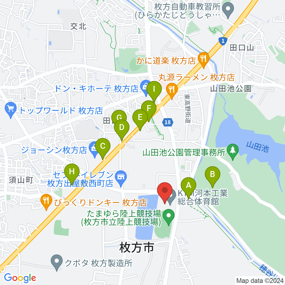 KTM河本工業総合体育館周辺のファミレス・ファーストフード一覧地図