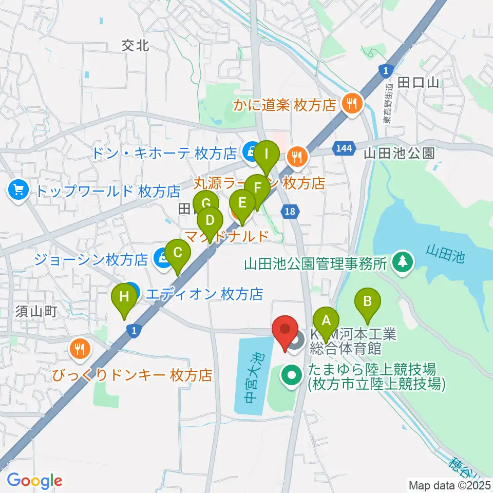KTM河本工業総合体育館周辺のファミレス・ファーストフード一覧地図
