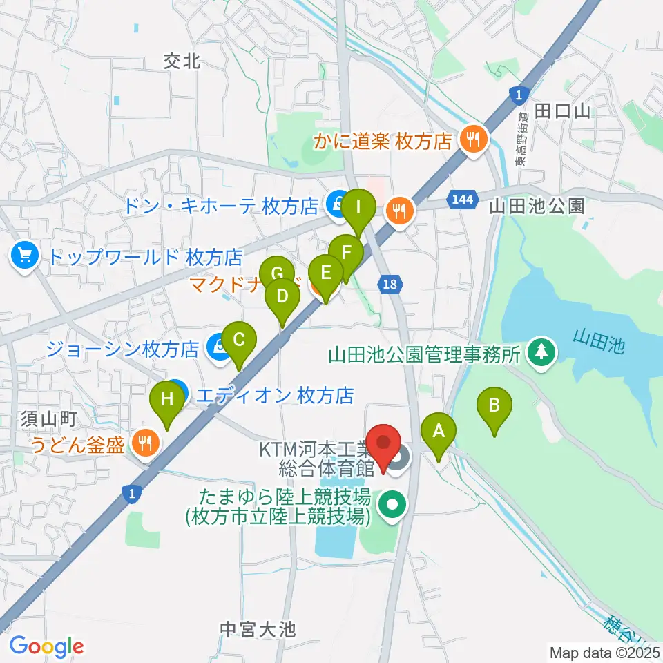 KTM河本工業総合体育館周辺のファミレス・ファーストフード一覧地図