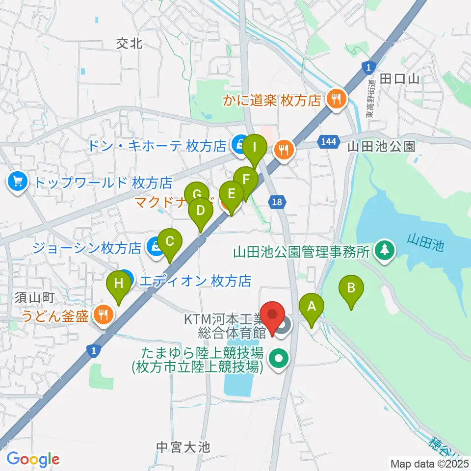 KTM河本工業総合体育館周辺のファミレス・ファーストフード一覧地図