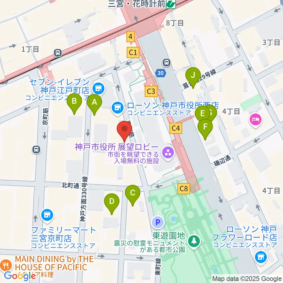 神戸市立中央区文化センター周辺のファミレス・ファーストフード一覧地図