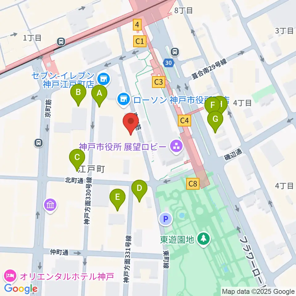 神戸市立中央区文化センター周辺のファミレス・ファーストフード一覧地図