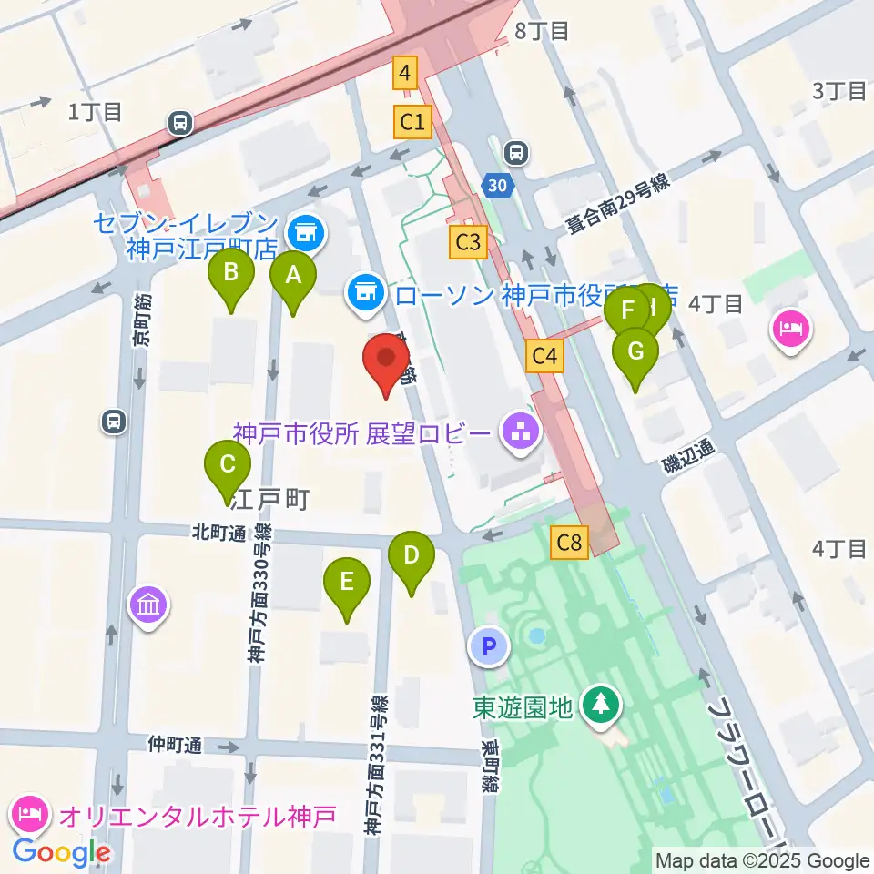 神戸市立中央区文化センター周辺のファミレス・ファーストフード一覧地図