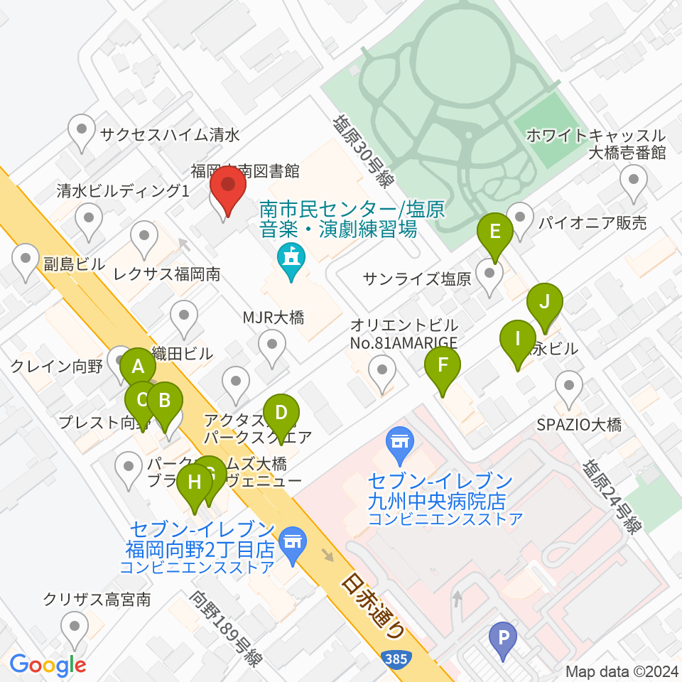 塩原音楽・演劇練習場周辺のファミレス・ファーストフード一覧地図