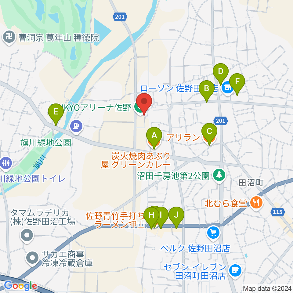 DAIKYOアリーナ佐野周辺のファミレス・ファーストフード一覧地図