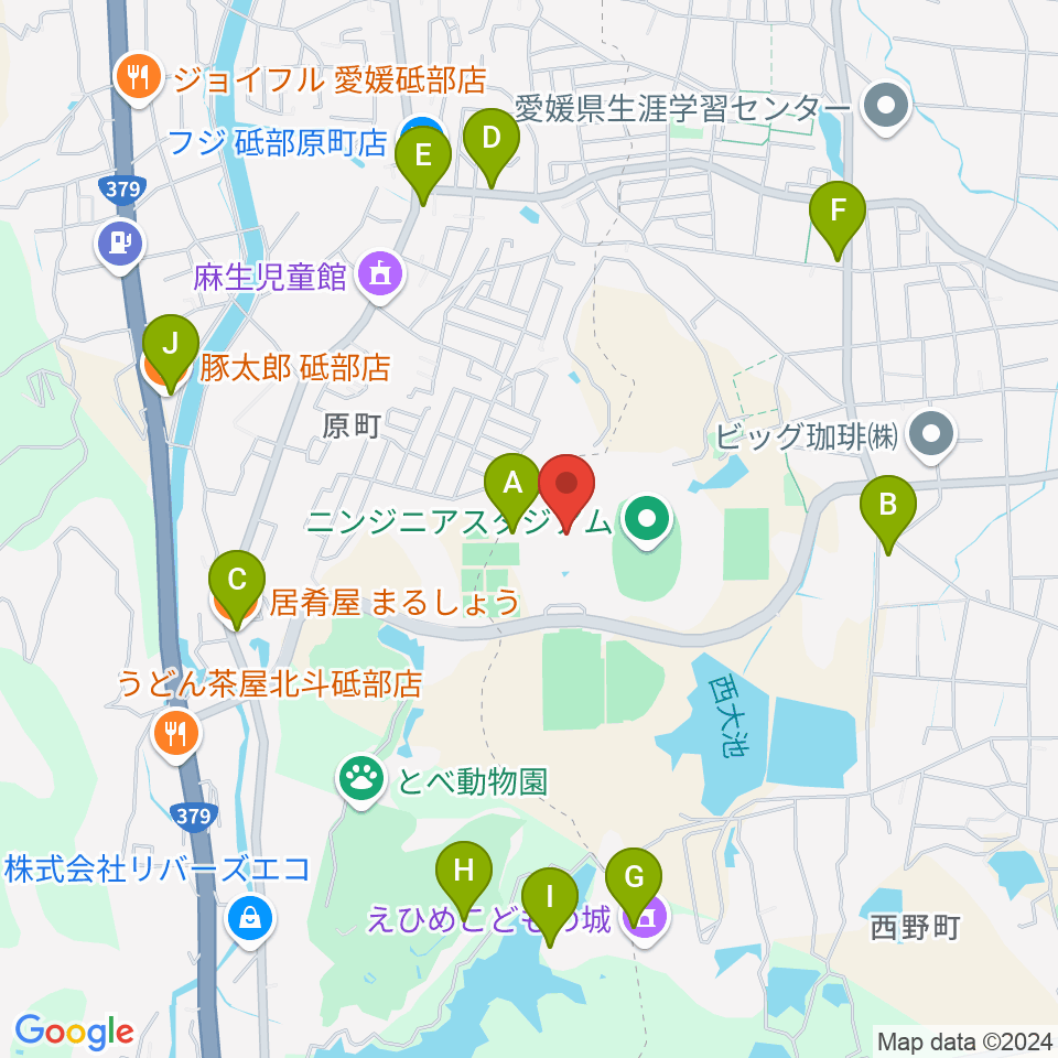 愛媛県総合運動公園体育館周辺のファミレス・ファーストフード一覧地図