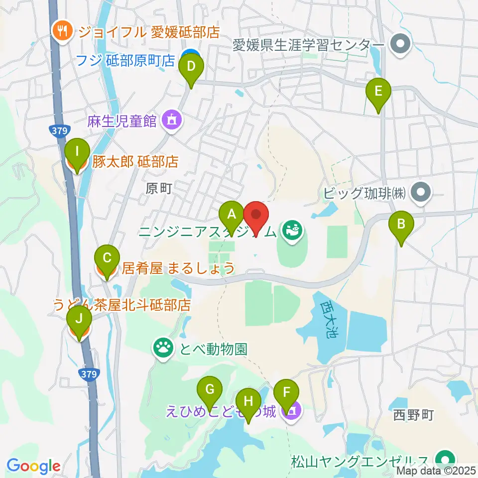 愛媛県総合運動公園体育館周辺のファミレス・ファーストフード一覧地図