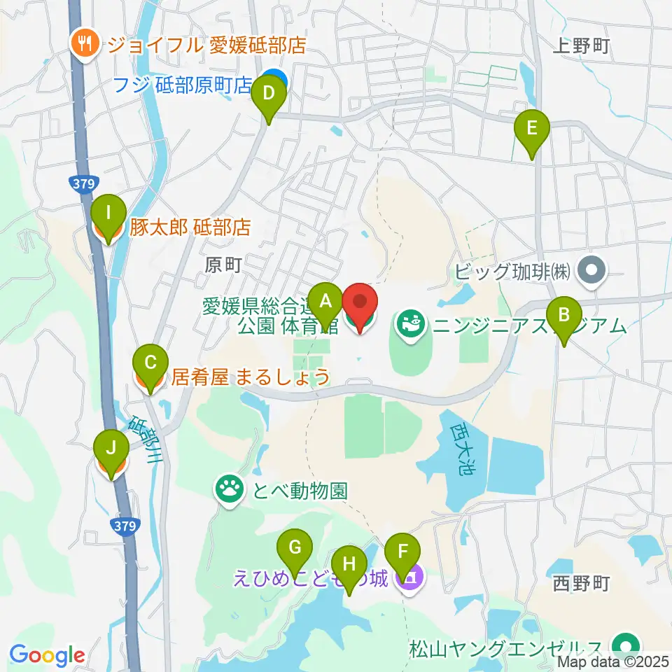 愛媛県総合運動公園体育館周辺のファミレス・ファーストフード一覧地図