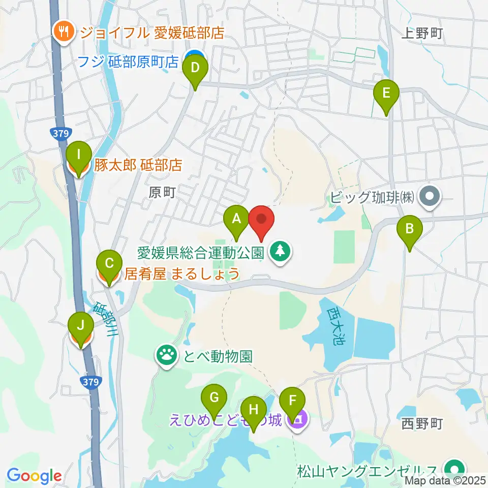 愛媛県総合運動公園体育館周辺のファミレス・ファーストフード一覧地図