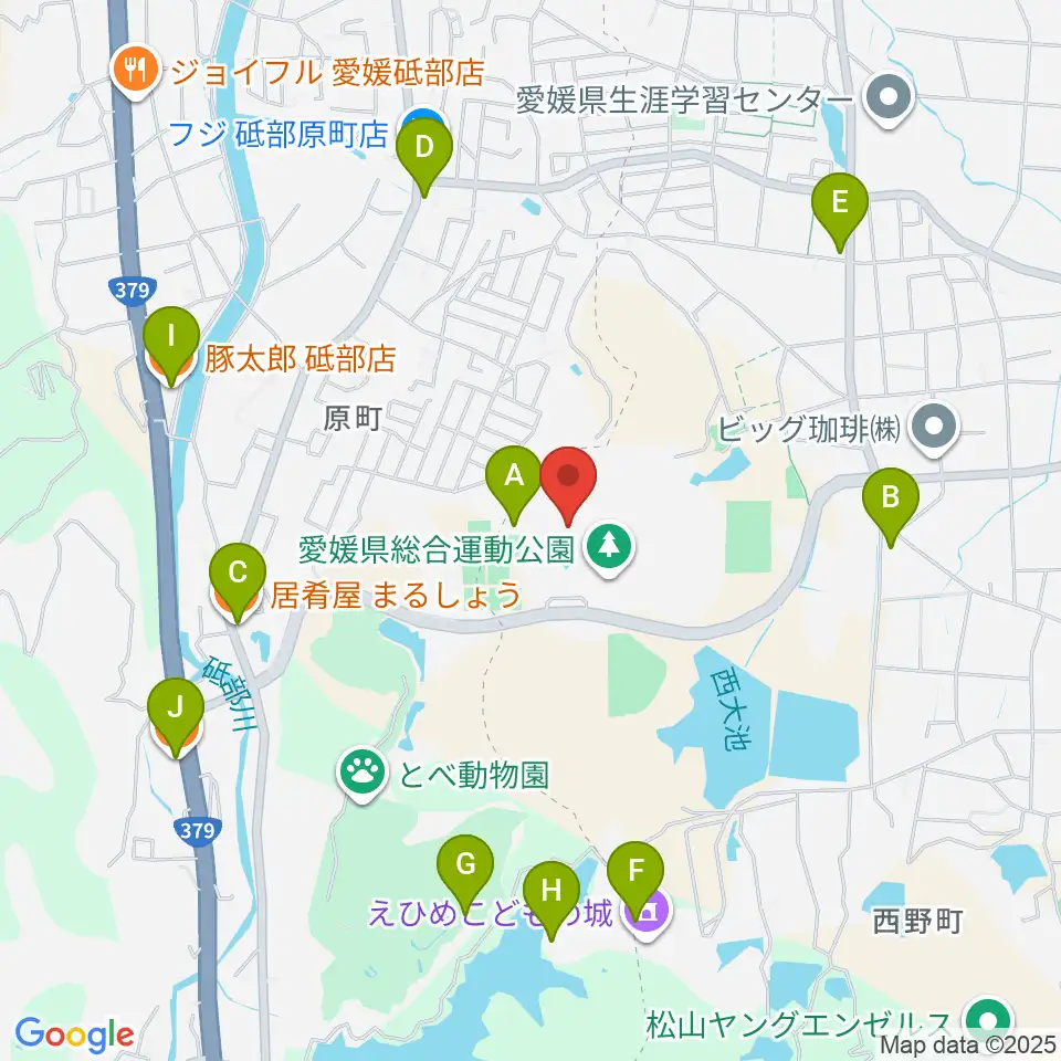 愛媛県総合運動公園体育館周辺のファミレス・ファーストフード一覧地図