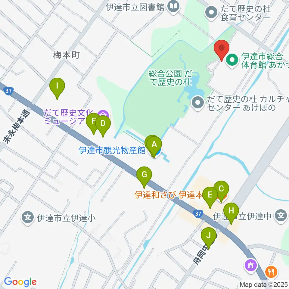 伊達市総合体育館あかつき周辺のファミレス・ファーストフード一覧地図