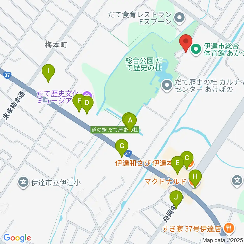 伊達市温水プール・トレーニング室周辺のファミレス・ファーストフード一覧地図