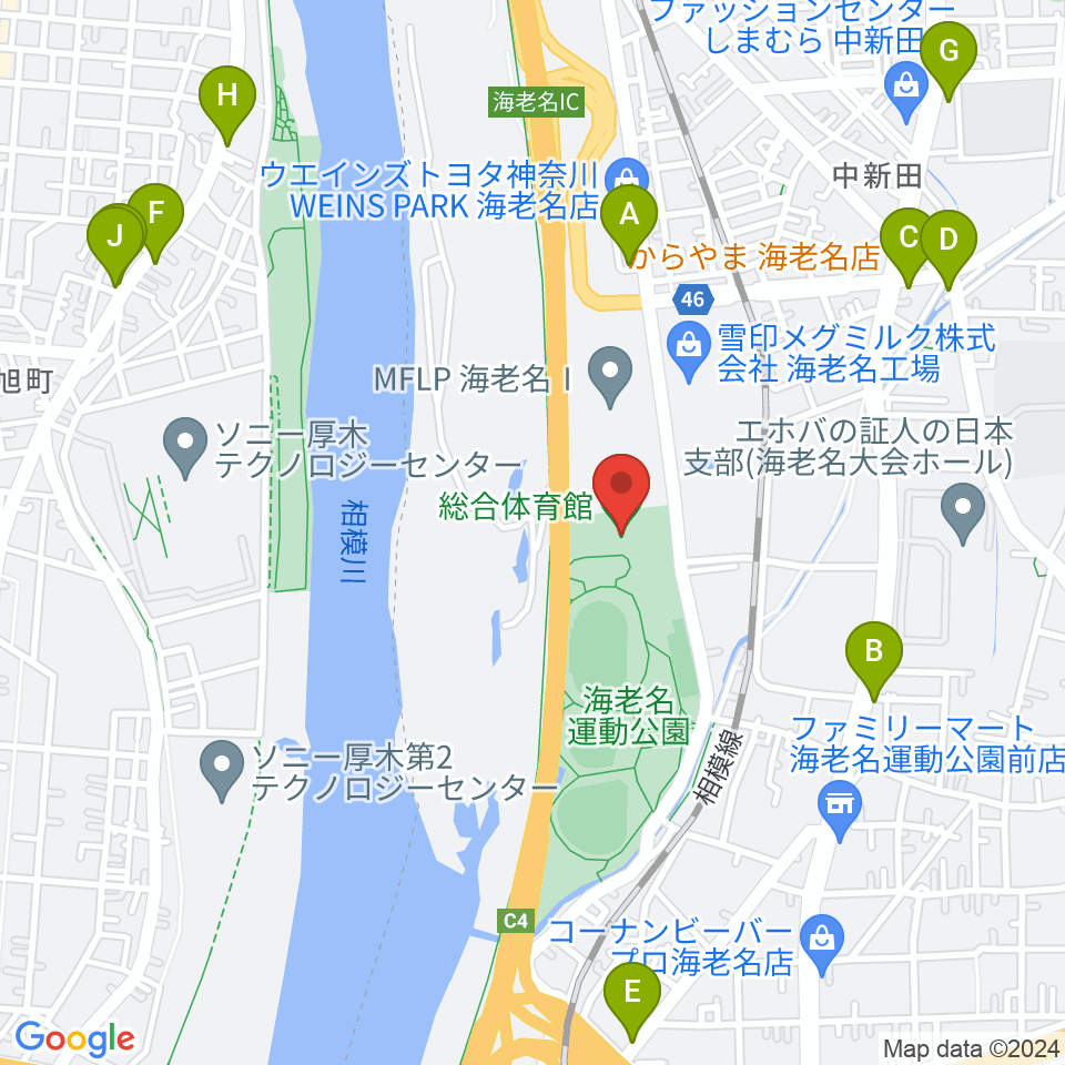 海老名運動公園総合体育館周辺のファミレス・ファーストフード一覧地図