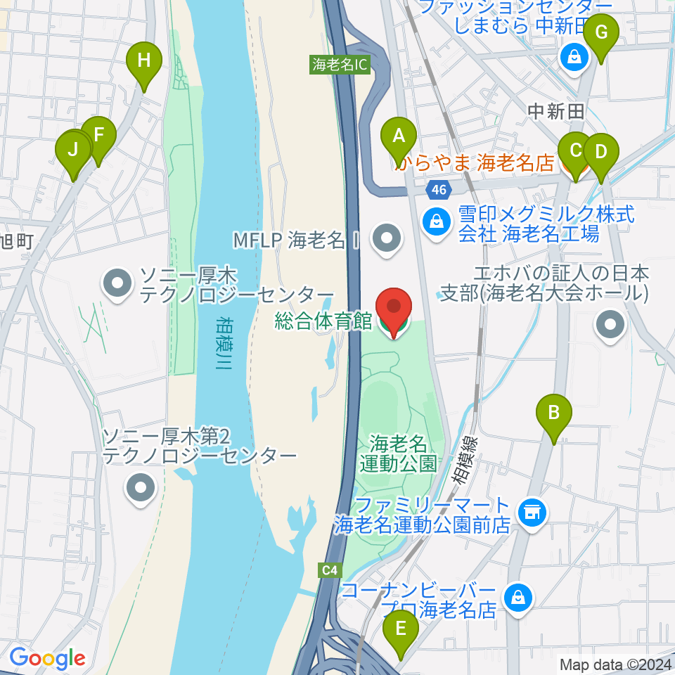 海老名運動公園総合体育館周辺のファミレス・ファーストフード一覧地図