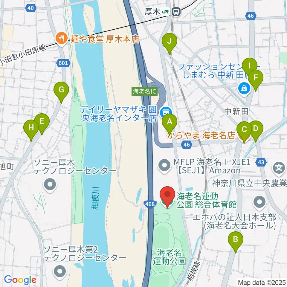 海老名運動公園総合体育館周辺のファミレス・ファーストフード一覧地図