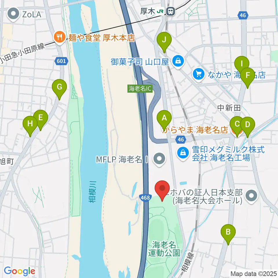 海老名運動公園総合体育館周辺のファミレス・ファーストフード一覧地図