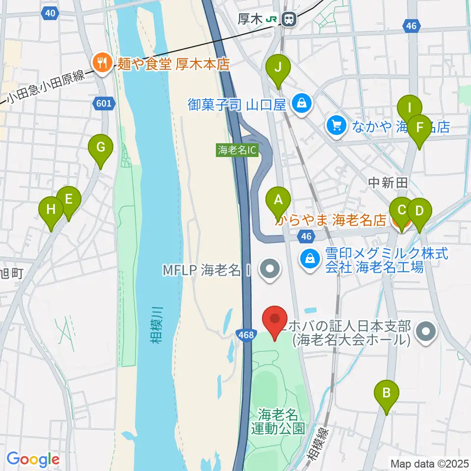 海老名運動公園総合体育館周辺のファミレス・ファーストフード一覧地図