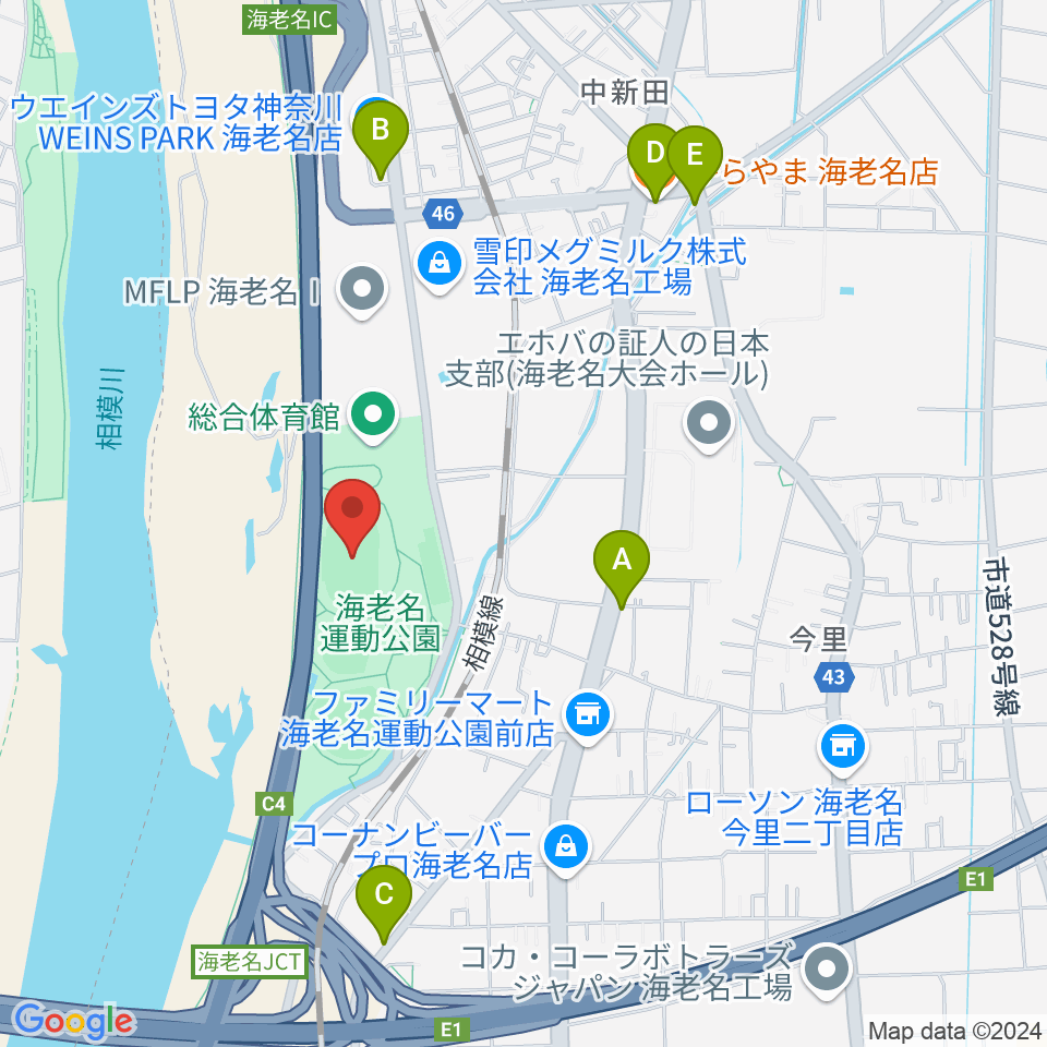 海老名運動公園陸上競技場周辺のファミレス・ファーストフード一覧地図