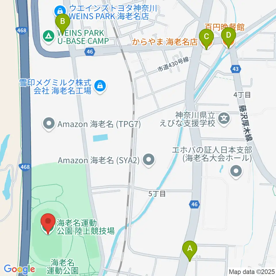 海老名運動公園陸上競技場周辺のファミレス・ファーストフード一覧地図