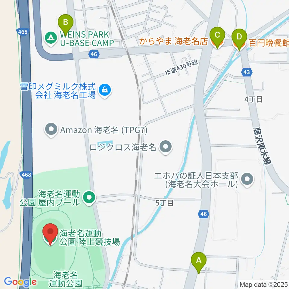 海老名運動公園陸上競技場周辺のファミレス・ファーストフード一覧地図