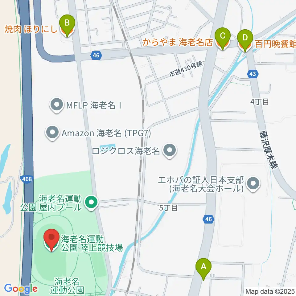 海老名運動公園陸上競技場周辺のファミレス・ファーストフード一覧地図