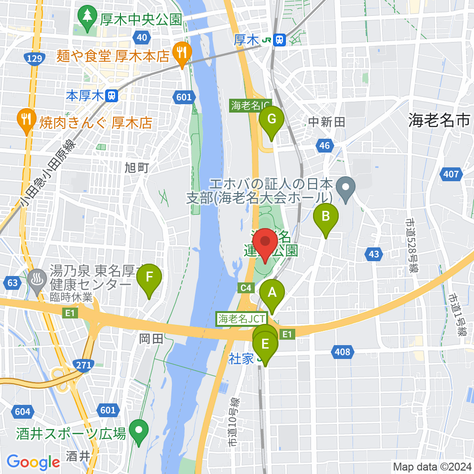 海老名運動公園野球場周辺のファミレス・ファーストフード一覧地図