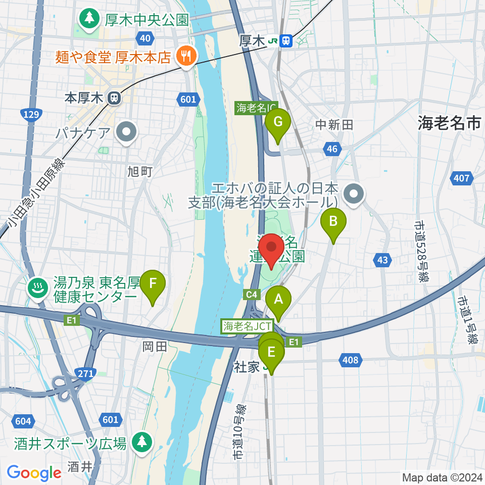 海老名運動公園野球場周辺のファミレス・ファーストフード一覧地図