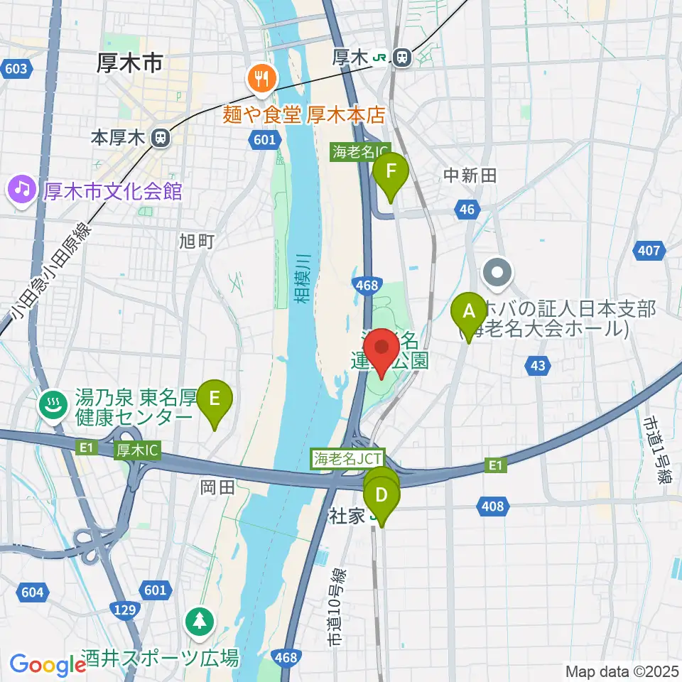 海老名運動公園野球場周辺のファミレス・ファーストフード一覧地図