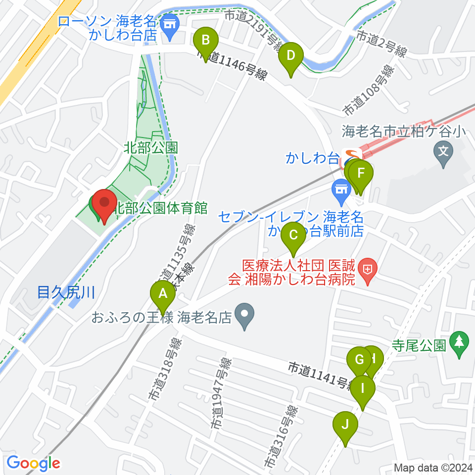 海老名市北部公園体育館周辺のファミレス・ファーストフード一覧地図