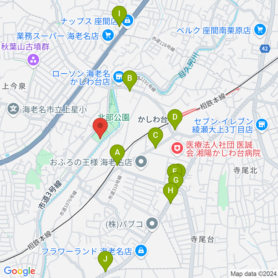 海老名市北部公園体育館周辺のファミレス・ファーストフード一覧地図