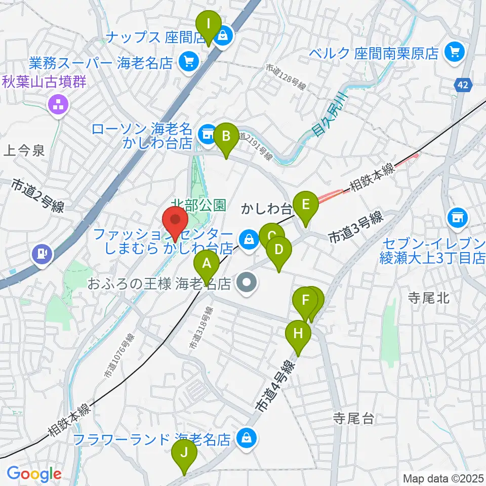 海老名市北部公園体育館周辺のファミレス・ファーストフード一覧地図