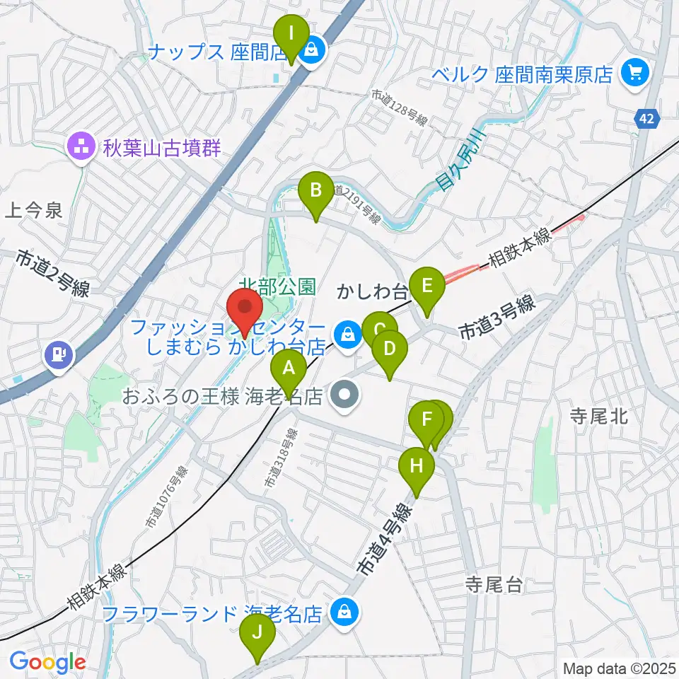 海老名市北部公園体育館周辺のファミレス・ファーストフード一覧地図