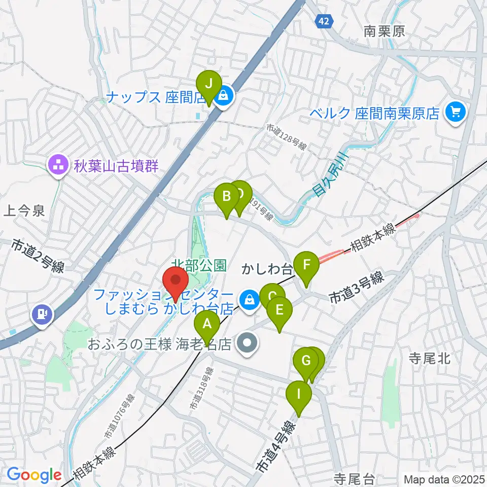 海老名市北部公園体育館周辺のファミレス・ファーストフード一覧地図