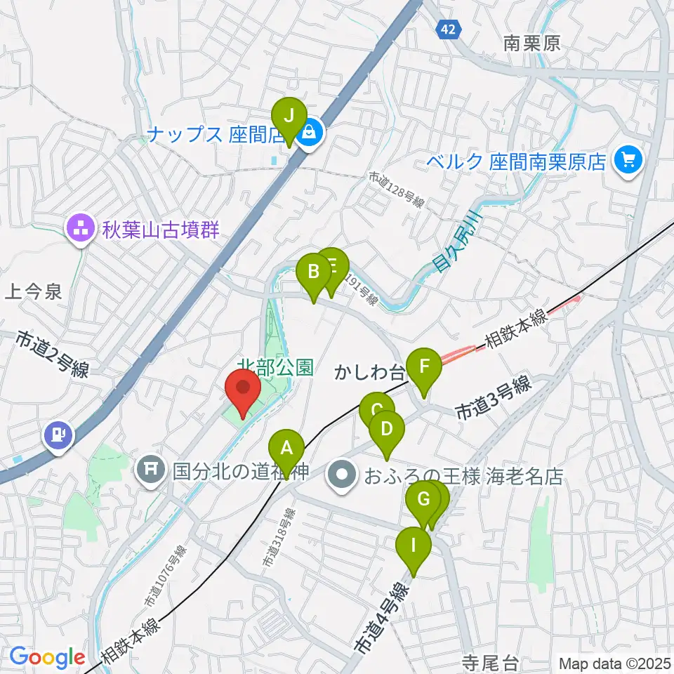 海老名市北部公園体育館周辺のファミレス・ファーストフード一覧地図