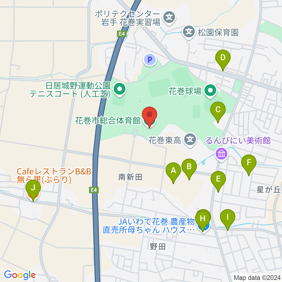 花巻市総合体育館周辺のファミレス・ファーストフード一覧地図