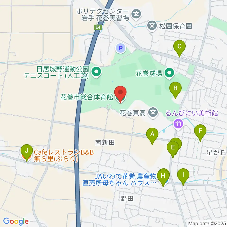 花巻市総合体育館周辺のファミレス・ファーストフード一覧地図