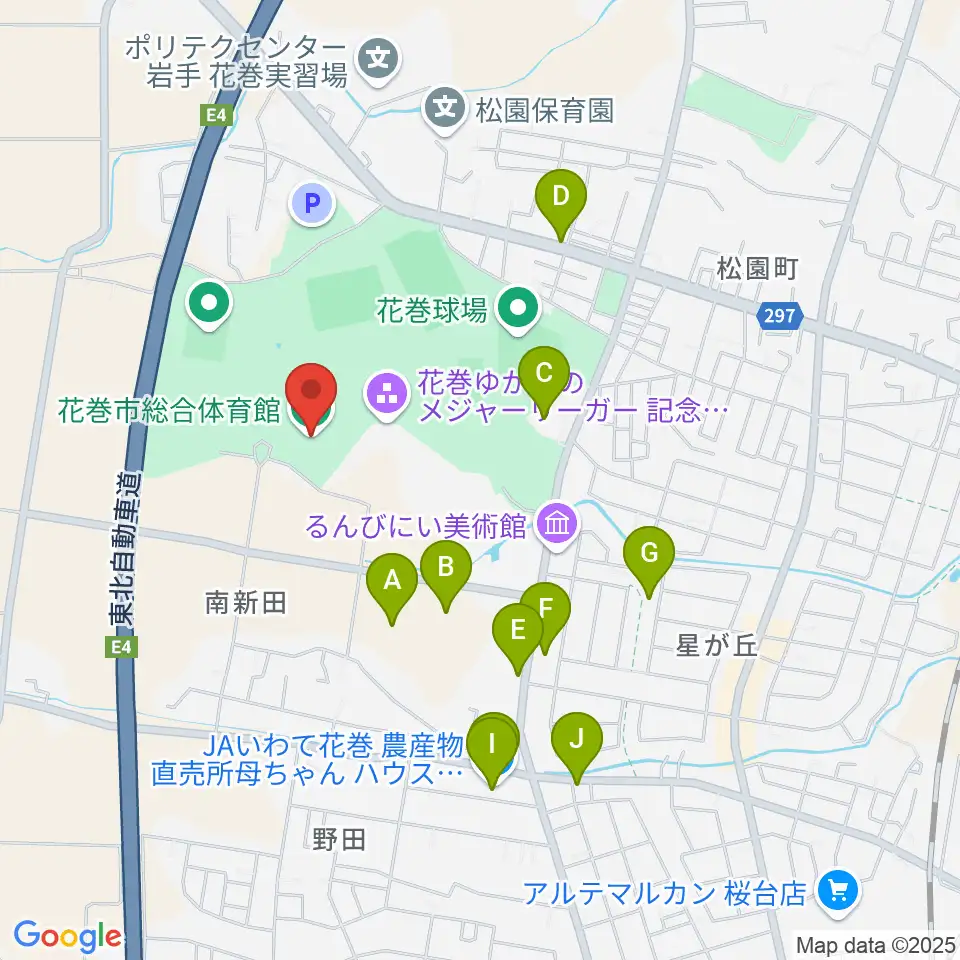 花巻市総合体育館周辺のファミレス・ファーストフード一覧地図