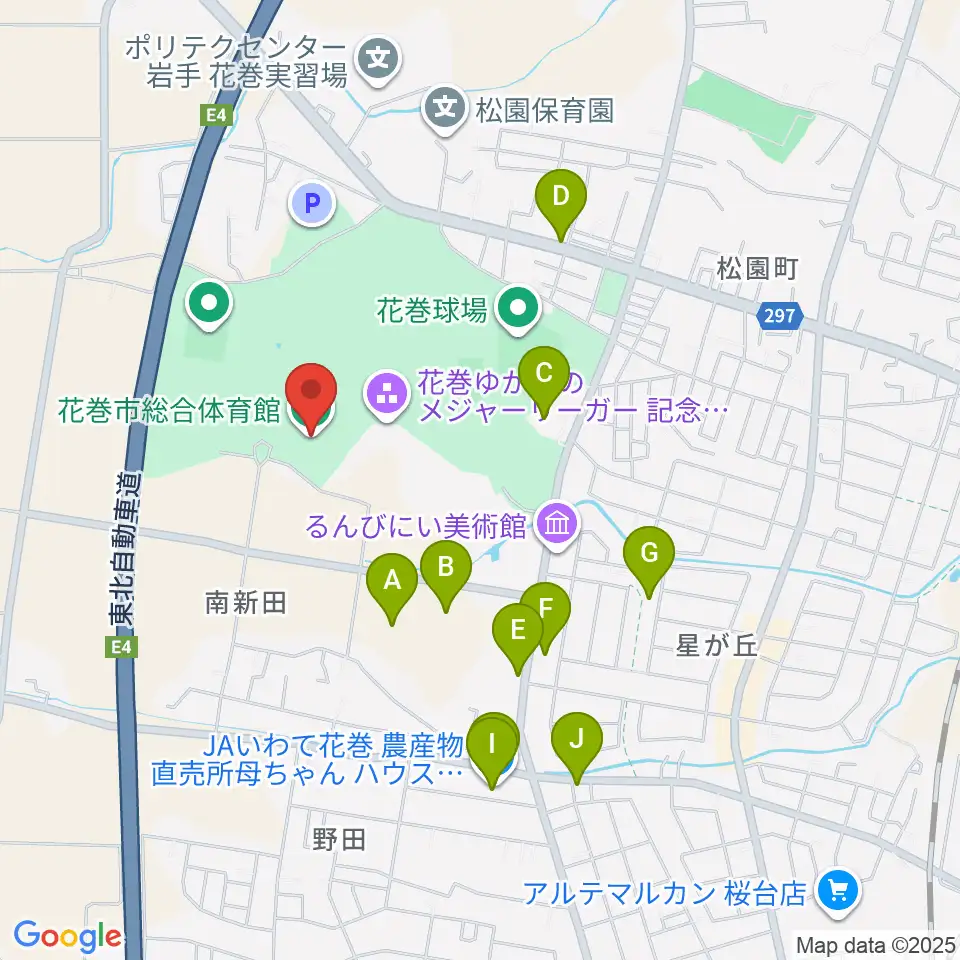 花巻市総合体育館周辺のファミレス・ファーストフード一覧地図