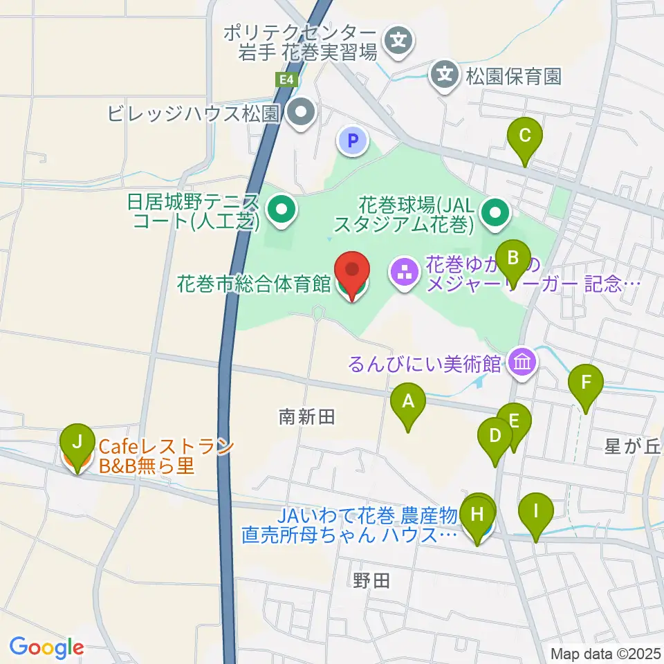 花巻市総合体育館周辺のファミレス・ファーストフード一覧地図